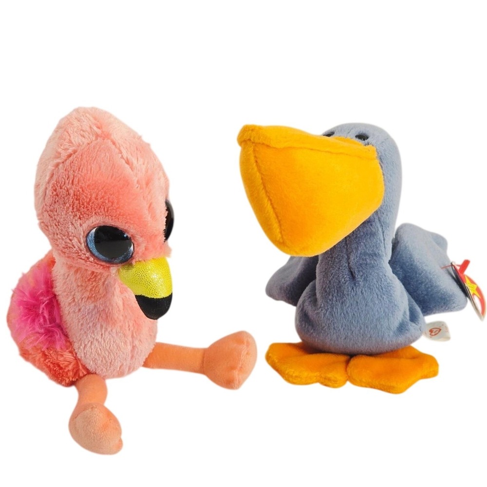 Collectable TY Beanie Boos Gilda Pink Flamingo Scoop the‎ Grey Pelican New Pair